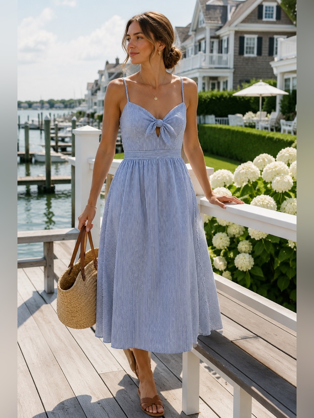 Miss Selfridge Blue & White Striped Midi Dress Coastal Hamptons Size 10 Sundress